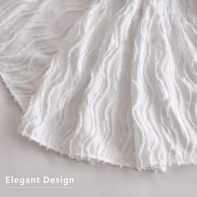 MIYE Wavy Tufted Bed Skirt - Wrap Around Dust Ruffle with Elastic Belts - 18 Inch Drop Easy to Put On - Bedskirt Machine Washable ＆ Wrinkle Resistant(Wavy/White, King/Queen-18 Drop)