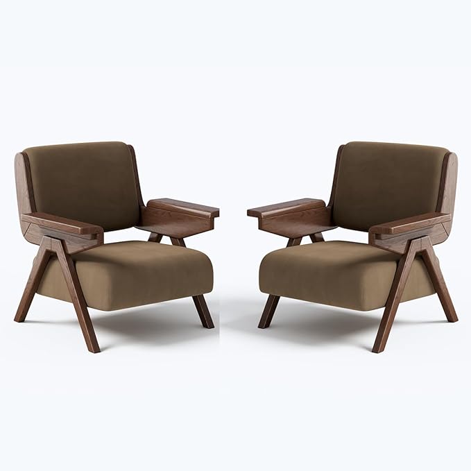 Mid Century Modern Accent Chair, Fabric Upholstered Lounge Arm Chair with Solid Wood Frame for Living Room, Bedroom, Office, Reading Corner (Coffee, Set of 2)