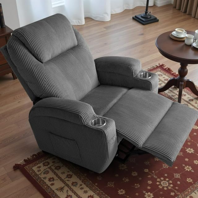 Furmax Electric Power Lift Recliner Chair with Massage for Elderly Corduroy Fabric Recliner Single Sofa with Cup Holders, Side Pockets and Remote Control for Living Room Bedroom (Gray)