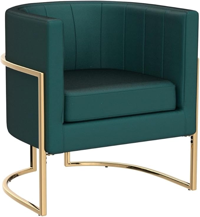 Velvet Modern Accent Chair, Upholstered Barrel Armchair Mid Century with Pillow for Living Room, Comfy Single Vnaity Chair with Metal Gold Legs for Bedroom, Green