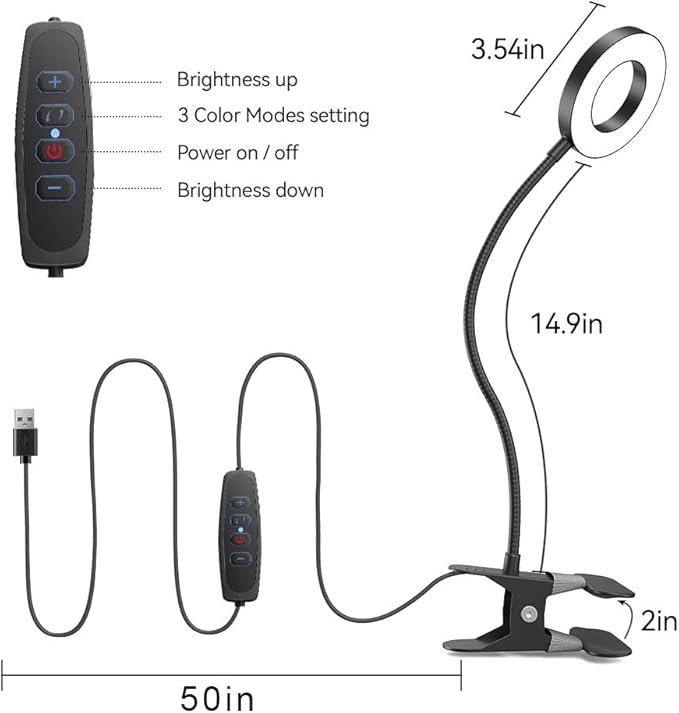 GARMESE LED Desk Lamp Clip on Light with 3 Color Modes 10 Brightness Ring/Clamp Light 360° Adjustable Neck Dimmable Eye Protection Desk Lamps for Home Office