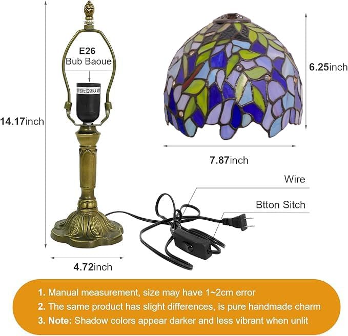 Tiffany Table Lamp Mini Nightstand Lamps Stained Glass Bedside Lamp Wisteria Night Lamp Reading Desk Light for Office Bar Bedroom Living Room,7.87 inch