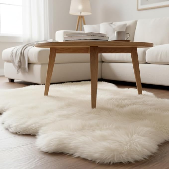 Super Area Rugs Premium Genuine Sheepskin Rug 5' x 6' Long Fur Soft & Natural Shaggy Living Room Rug, Champagne Cream, Six Pelt