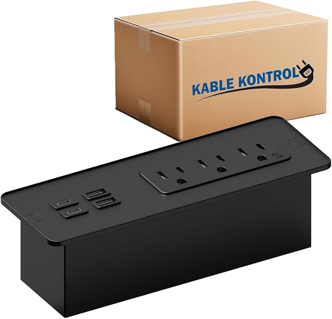 Kable Kontrol Recessed Power Strip with Fast Charging 2 PD65W USB-C Ports, 2 USB-A Ports, 3 Power Desk Outlets, Flush Mount Furniture Charging Station Grommet for Side Table, End Table - Black, 20 Pcs