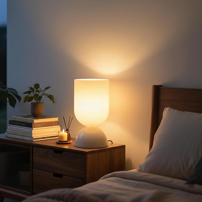 8.9" Modern Glass Table Lamp for Living Room, Dimmable Desk Lamps for Bedroom, UL Listed Nightstand Lamp with Dome Base, End Table Lamps for Home, Side Tables, College Dorm, Office, Glossy White