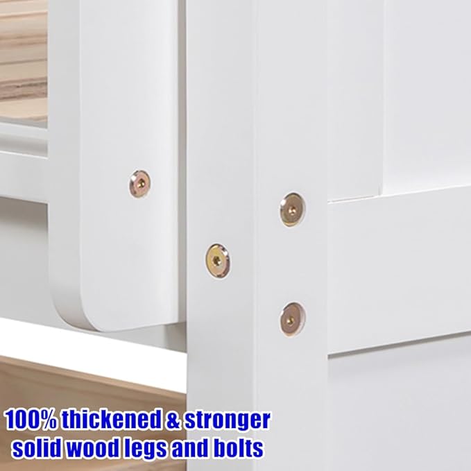 TSAMPA Latest Upgraded & Stronger Heavy Duty Solid Wood Full Over Full Bunk Bed with Trundle, Thickened Safer Convertible Bunk Bed Frame Full Over Full Size Bunk Bed (Easier to Assemble) (White)
