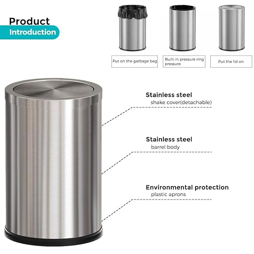 4.7 Gallon/18L Stainless Steel Bathroom Trash Can,Silver Garbage Bin with Swing Lid,Round,Elegant Waste Basket,for Toilet,Kitchen,Living Room,Hotel,Home (18L-Silver)