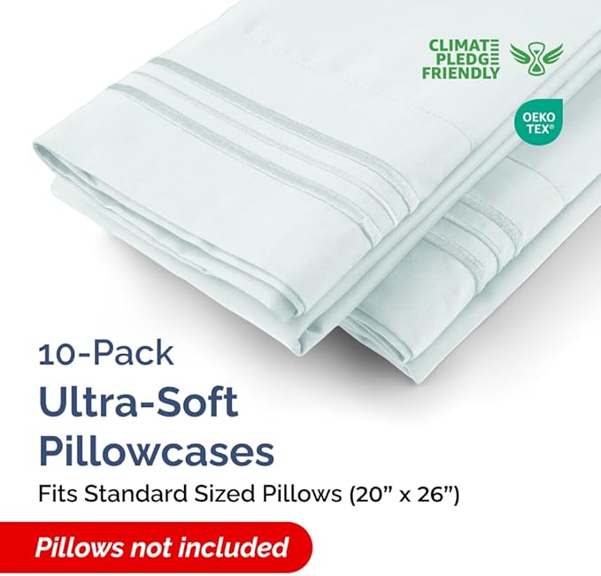 Standard Pillow Cases Set of 10 - Ultra Soft Hotel Quality Pillowcase Covers - Comfy, Cozy & Wrinkle Free - Shrink, Stain & Fade Resistant - Machine Washable Pillow Protectors - 10 Pcs Set - Ice Blue