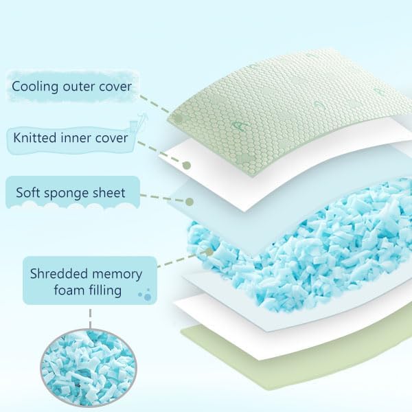 ACCURATEX Cooling Memory Foam Pillows for Sleeping Queen Size Set of 2, Adjustable Fluffy Pillows with Removable Cover, Cool Bed Pillow for Side Back Stomach Sleepers, Machine Washable, Green