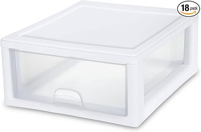 Sterilite 18-Pack 16 Quart Stacking Drawer, Clear Storage Closet Organizer, White Frame - Stackable Modular Plastic Drawers for Clothes, Accessories, Craft Supplies, Shoes or Linens