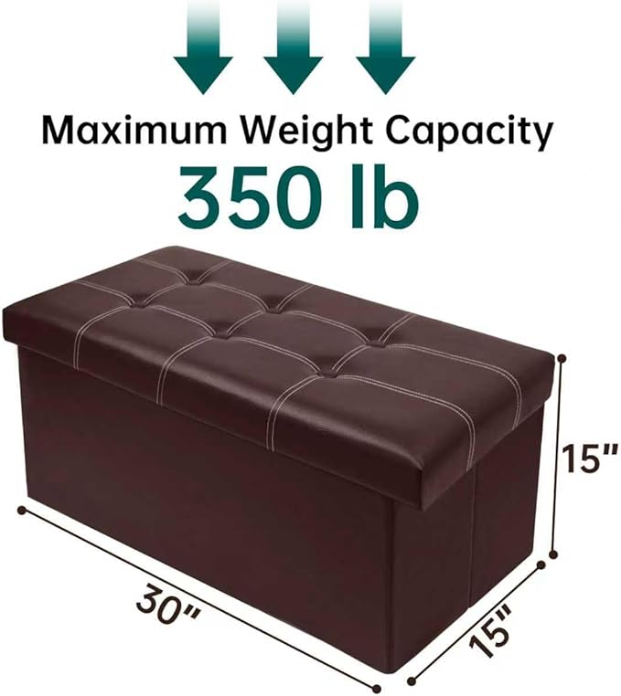 xupersodys 30 Inches Folding Storage Ottoman Bench, Faux Leather Footstool Ottoman, Storage Trunk Footrest for Bedroom, Living Room and Hallway, Support 350lbs, Brown (White line)