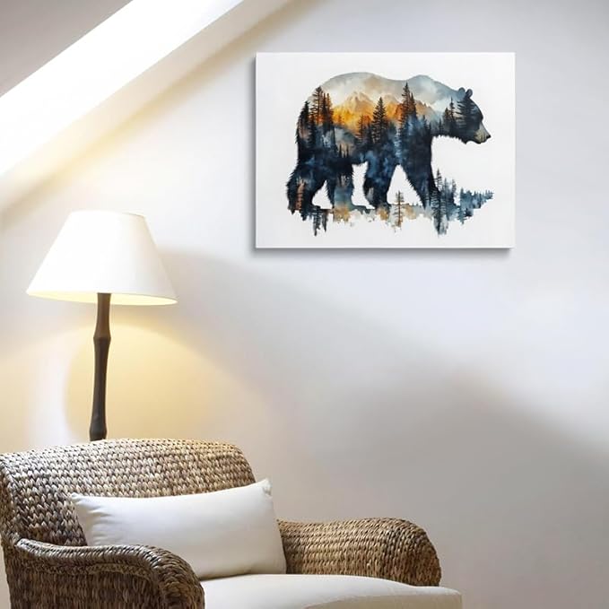 Bear Silhouette Forest Landscape Canvas Wall Art Framed Print Watercolor Painting Nature Wildlife Wall Decor Artwork Poster Sunset Colors Mountain Tree for Living Room Bedroom Office 12x16 Inches