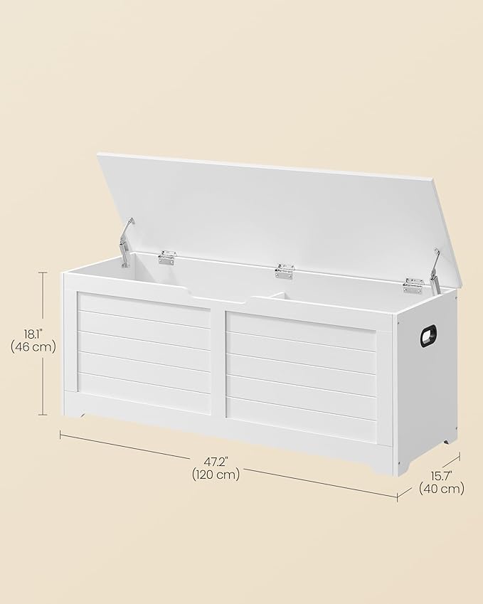 VASAGLE Storage Chest, Storage Bench with 2 Safety Hinges, Farmhouse Style, 15.7 x 47.2 x 18.1 Inches, for Entryway, Bedroom, Living Room, Cloud White ULSB065W01