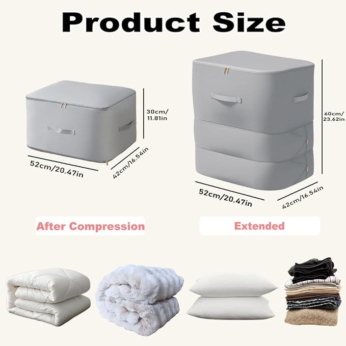 Ultra Space Saving Self Compression Organizer, 3-Layer Zipper Large Capacity Storage Bag, Thick Satin Fabric Heavy Duty Bags for Comforters Blankets Bedding Duvet (Gray, X-Large, 2PCS)
