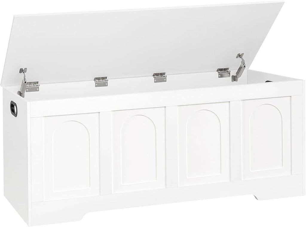 DINZI LVJ Storage Chest, 47.2" Rattan-Like Toy Box with 2 Safety Hinges, Wooden Entryway Storage Bench with Flip-Top, Large Trunk for Living Room, Bedroom, Easy Assembly, White