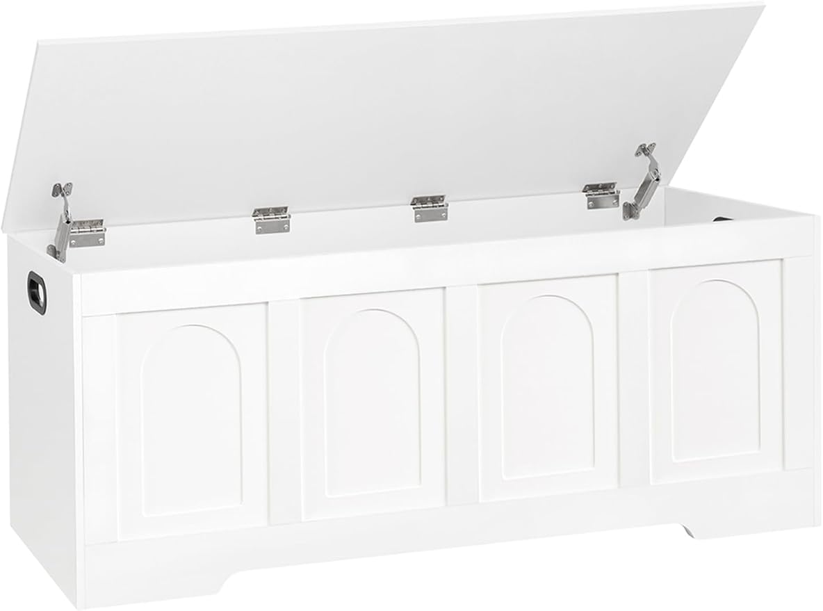 DINZI LVJ Storage Chest, 47.2" Rattan-Like Toy Box with 2 Safety Hinges, Wooden Entryway Storage Bench with Flip-Top, Large Trunk for Living Room, Bedroom, Easy Assembly, White
