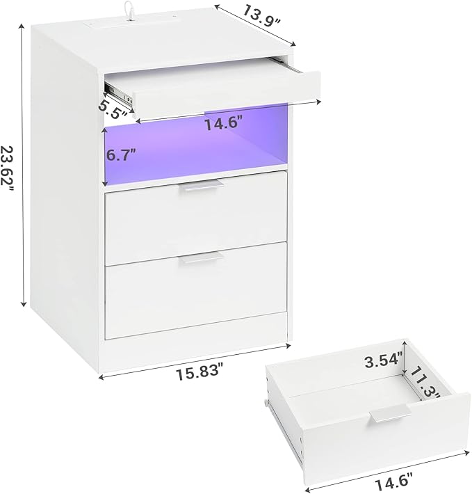 Tiptiper LED Nightstand with Wireless Charging Station, Bedside Table with LED Lights, End Table with 2 Drawers, 1 Pull-Out Tray and Open Storage, Modern Night Stand with USB Ports and Outlets, White