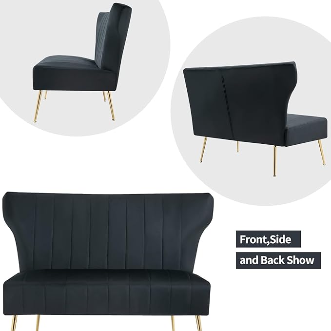 50’’ Armless Loveseat Sofa, Comfy Upholstered Velet Small Couch Sofa with Gold Legs, 2 Seater Tufted Modern Couch for Living Room, Bedroom, Apartment Small Space (Black)