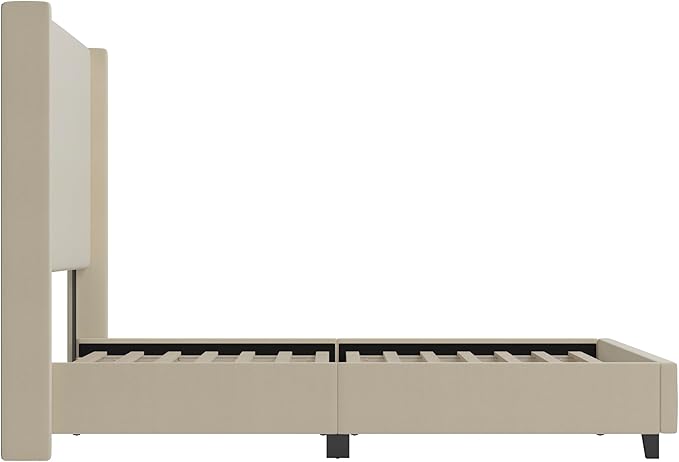 EMMA + OLIVER Nora King Size Faux Linen Upholstered Platform Bed with Plush Padded Wingback Headboard (No Box Spring Needed), Modern Upholstered Headboard King Bed Frame, Beige