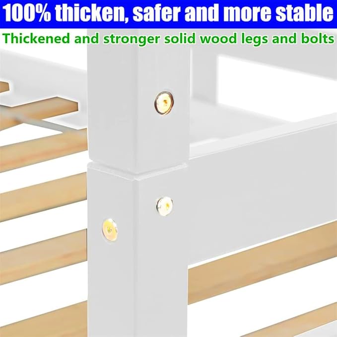 TSAMPA Latest Upgraded & Stronger Heavy Duty Solid Wood Full Over Full Bunk Bed with Trundle, Thickened Safer Convertible Bunk Bed Frame Full Over Full Size Bunk Bed (Easier to Assemble) (White)