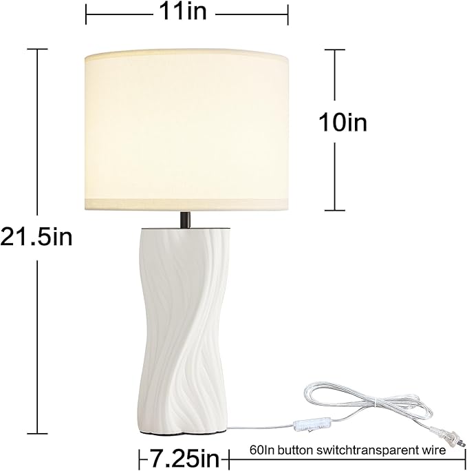 White Ceramic Table Lamps 21.5In Modern Plug in Table Lamp Bedroom Bedside