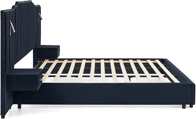 King Size Bed Frame with Storage, Luxury King Platform Bed Frame with Headboard, Velvet Fabric Upholstered Bedframe with LED Lights, Solid Frame & Bedside Table,No Box Spring Needed,Dark Blue
