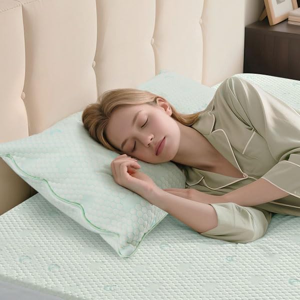 ACCURATEX Cooling Memory Foam Pillows for Sleeping Queen Size Set of 2, Adjustable Fluffy Pillows with Removable Cover, Cool Bed Pillow for Side Back Stomach Sleepers, Machine Washable, Green