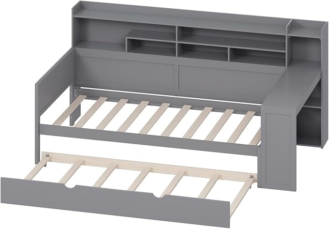 Merax Twin Size Corner Bed Frames with Desk and Trundle & Storage Shelves Headboard, Pinewood U-Shaped Captain Daybed for Small Room, Bedroom, Guest Room, Kids' Room, Grey