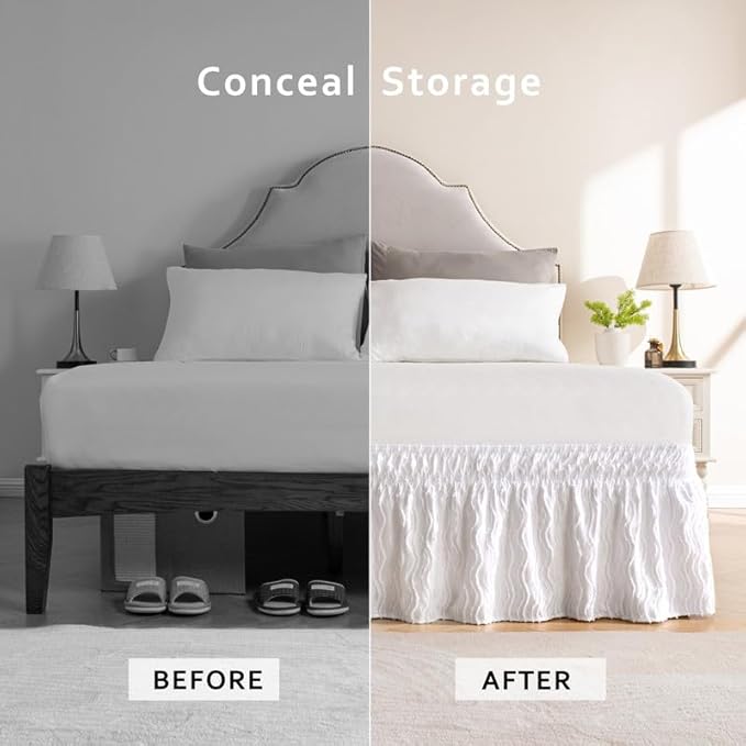 MIYE Wavy Tufted Bed Skirt - Wrap Around Dust Ruffle with Elastic Belts - 15 Inch Drop Easy to Put On - Bedskirt Machine Washable ＆ Wrinkle Resistant(Wavy/White, Full/Twin-15 Drop)