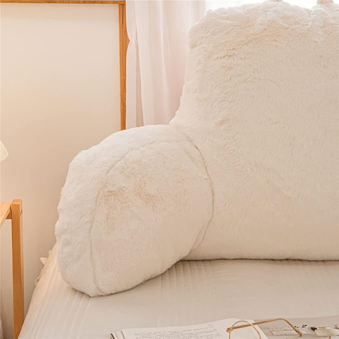 Holawakaka Standard Faux Fur Bed Rest Pillow with Arms, Rabbit Fur Reading Pillows Perfect for Adults, Teens, Kids, Arm, Back, Pregnancy Lumbar & Head Neck Coccyx Lower Back Support Cushion (Ivory)