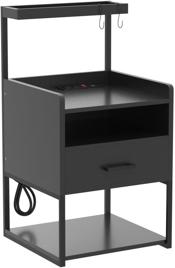 VIAGDO Nightstand with Charging Station and LED Lights, Black Night Stand with Drawer, Modern End Side Table with Open Storage Shelves, Bedside Tables for Bedroom, Office