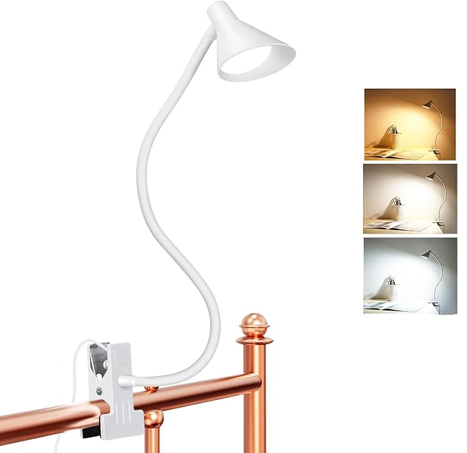 Clip on Light USB Reading Light, Eye Care Dimmable Reading Lamp Flexible Goose Neck Clip on Lamp for Bed Headboard Desk Bedside Dorm - White