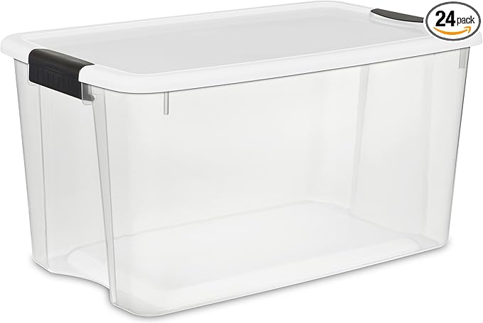 Sterilite 24-Pack Ultra Latching Box, Storage Bins with Lids, Clear Plastic, 70 Quart - Heavy-Duty Organizing Containers for Closet, Bathroom, and Office