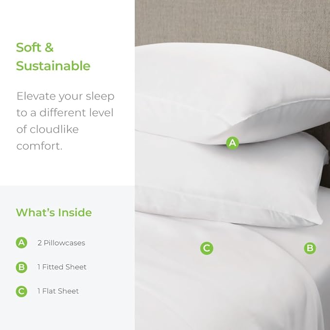 Cariloha Aloha Soft 2-Piece Sheet Set | White | Twin | Made from 100% Viscose derived from Bamboo | Introductory Sheet Line