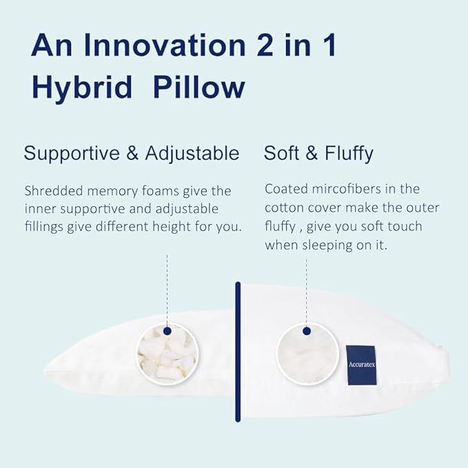 ACCURATEX Hybrid Pillow for Sleeping, Adjustable Shredded Memory Foam Pillow Core with Fluffy Down Alternative Fill Removable Cotton Cover,for Side,Back,Stomach Sleepers,King Size