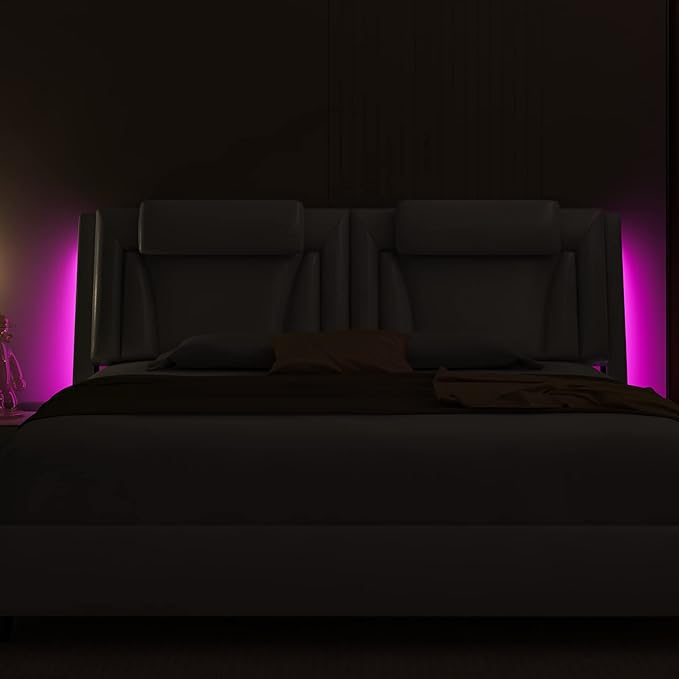 Keyluv Modern Upholstered King Bed Frame with Adjustable LED Headboard, Wave-Like Curve Design, Solid Wooden Slats Support, No Box Spring Needed, Noise Free, White
