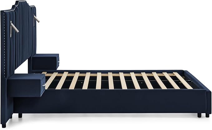 Luxury Queen Bed Frame with Headboard and Storage, Velvet Fabric Upholstered Platform Bed Frame Queen Size with LED Lights, Solid Frame & Bedside Table, No Box Spring Needed, Dark Blue