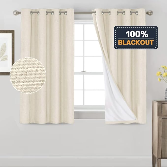 PrinceDeco Linen Black Out Curtains 54 Inches Long 100% Blackout Curtains for Bedroom Thermal Insulated with White Liner,Noise Reducing, 52" Wide Per Panel, Set of 2,Bleached Sand