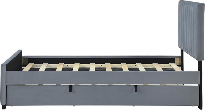 Twin Bed Frame with Trundle Bed,Velvet Upholstered Bed Frame,Twin Size Trundle Bed with Headboard,Upholstered Platform Bed Twin for Kids Teens Adults(Gray)