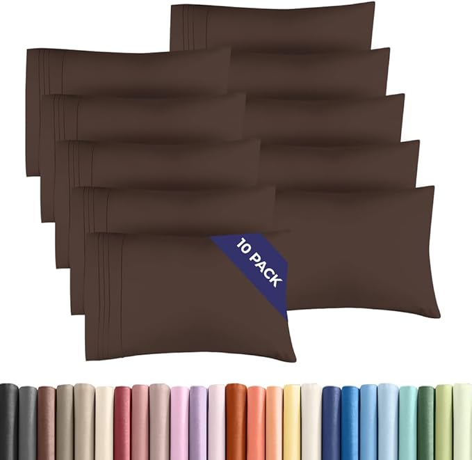 Queen Pillow Cases Set of 10 - Ultra Soft Hotel Quality Pillowcase Covers - Comfy & Wrinkle Free - Shrink, Stain and Fade Resistant - Easy-Care, Machine Washable Pillow Protectors - 10 Pcs Set - Brown