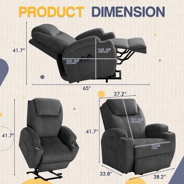 Furmax Electric Power Lift Recliner Chair with Massage for Elderly Corduroy Fabric Recliner Single Sofa with Cup Holders, Side Pockets and Remote Control for Living Room Bedroom (Gray)