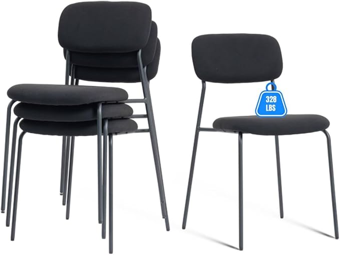 Black Stacking Chairs with Upholstered Fabric Seat and Back, Armless Guest Chairs with Metal Frames, Stackable Reception Chair for Waiting Area, School, Conference Room, and Church, Set of 4.