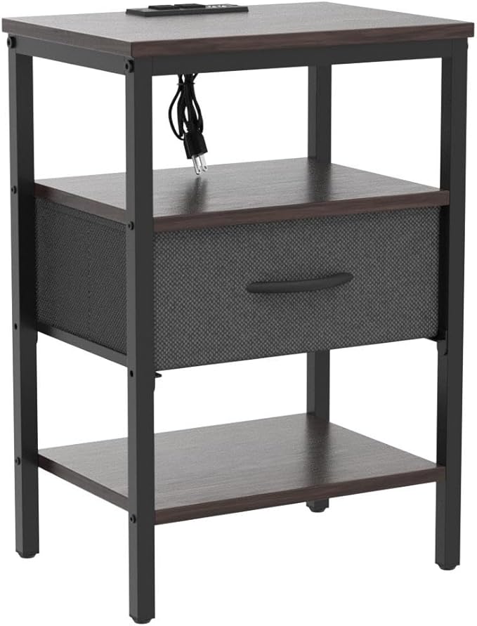 SUPERJARE Nightstand Set of 2, Bed Side Tables with Charging Station, Adjustable Fabric Drawer, Night Stand for Bedroom, 3-Tier Storage End Tables, Walnut, 8694NC