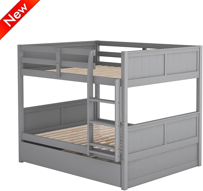 TSAMPA Latest Upgraded & Stronger Heavy Duty Solid Wood Full Over Full Bunk Bed with Trundle, Thickened Safer Convertible Bunk Bed Frame Full Over Full Size Bunk Bed (Easier to Assemble) (Gray), Grey