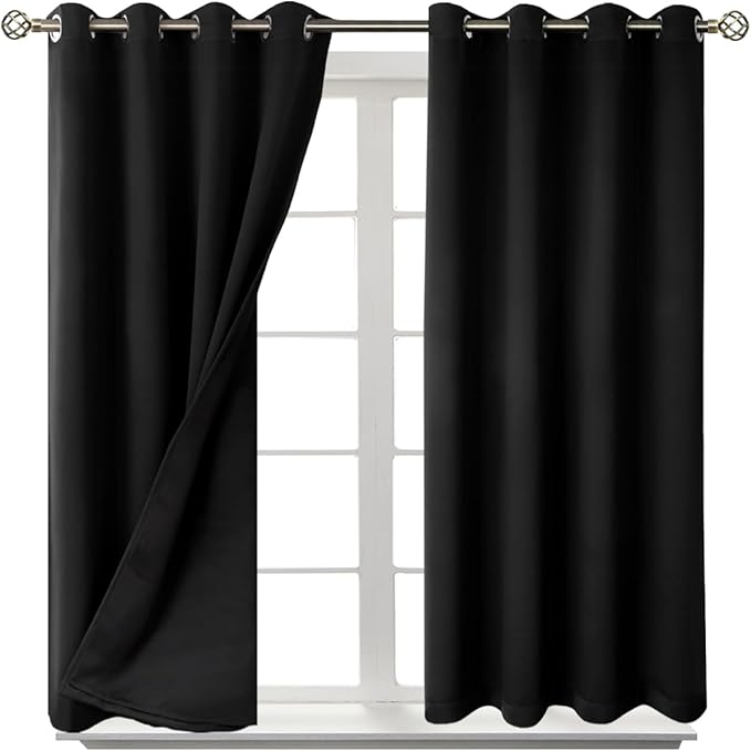 BGment Short 100% Blackout Curtains for Bedroom, Thermal Insulated Energy Efficiency Noise Reducing Grommet Curtains 54 Inch Length with Liner for Small Window 2 Panels Each 52 Inch Wide, Black