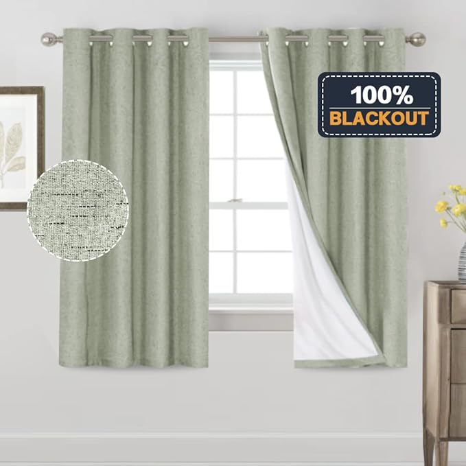 PrinceDeco 100% Blackout Linen Curtains 63 Inches Long 2 Panels Thermal Insulated Burlap Curtain with White Liner Grommet Room Darkening Textured Curtains for Bedroom Living Room (52x63 inch,Sage)