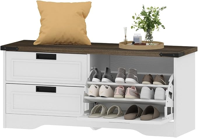 FATORRI Shoe Storage Bench, Entryway Bench with Flip Drawer, Wooden Entry Way Shoe Cabinet for Living Room Hallway (Walnut Brown+White Oak)