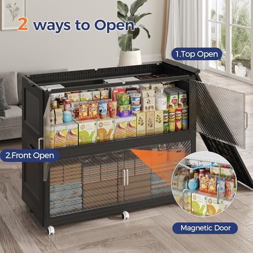 150GAL Extra Large Storage Bins with Lid, 600QT Collapsible Organizer with Wheels, Stackable Closet Cabinet with Doors, Folding Storage Containers for Home, Office, Kitchen, 3Pack Black