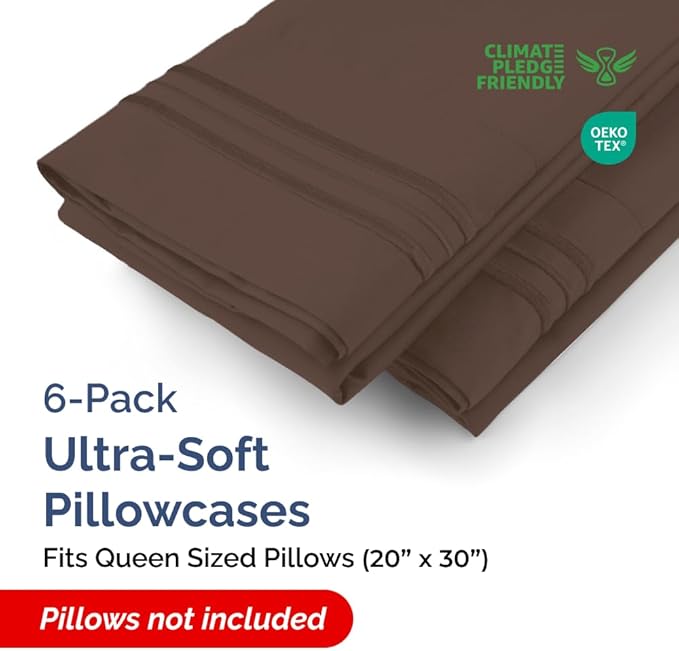 Queen Pillow Cases Set of 6 - Ultra Soft Hotel Quality Pillowcase Covers - Comfy & Wrinkle Free - Shrink, Stain and Fade Resistant - Easy-Care, Machine Washable Pillow Protectors - 6 Pcs Set - Brown