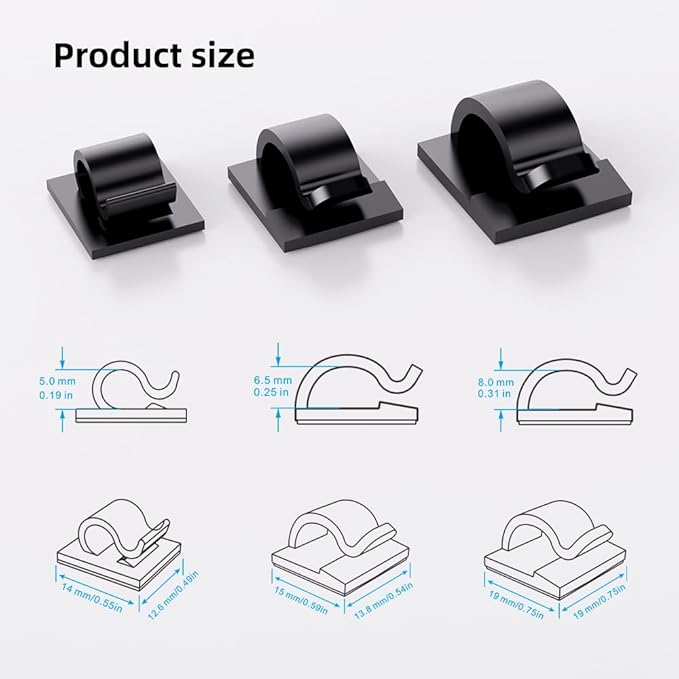 ITUGOU 100 PCS Adhesive Cable Clips Cord Organizer (Small, Medium,Large),Wire Holder for Cable Management, Outdoor Light Clips Light Hooks for LED String,Car Dash Cam, Extension Cord (Black)